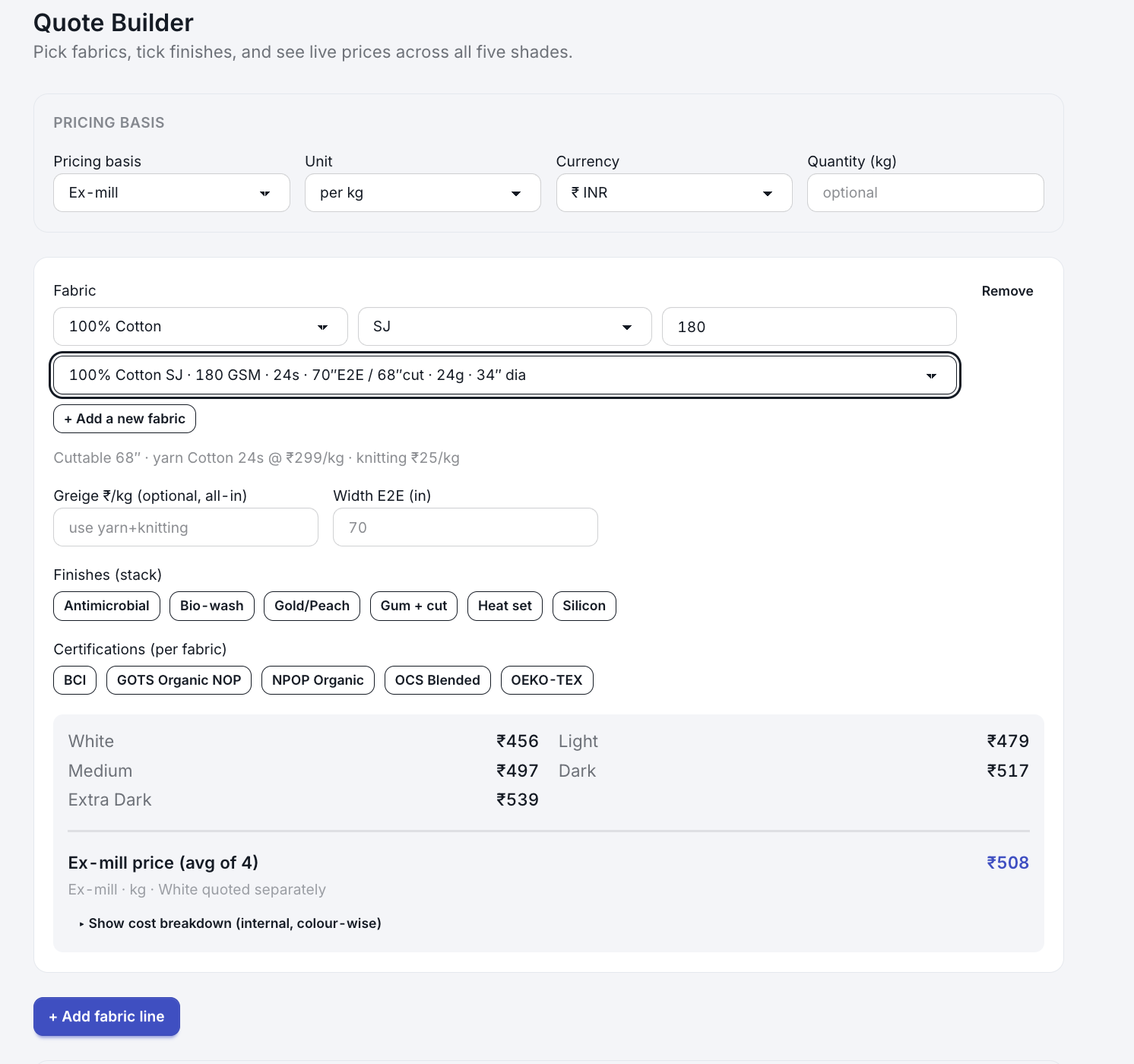 Quote builder screen showing fabric selection, finishes and shade-wise prices